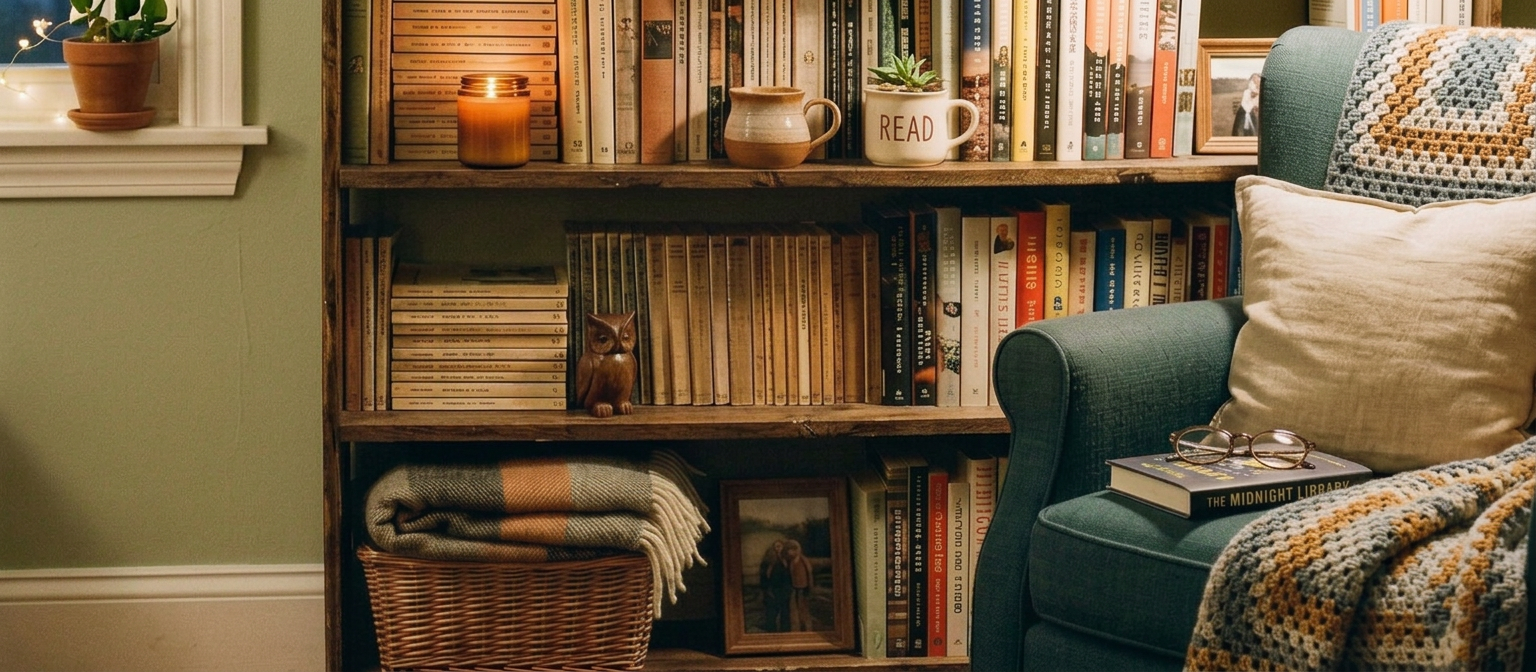 Cozy reading nook with bookshelves, armchair, blanket, candle, and mug
